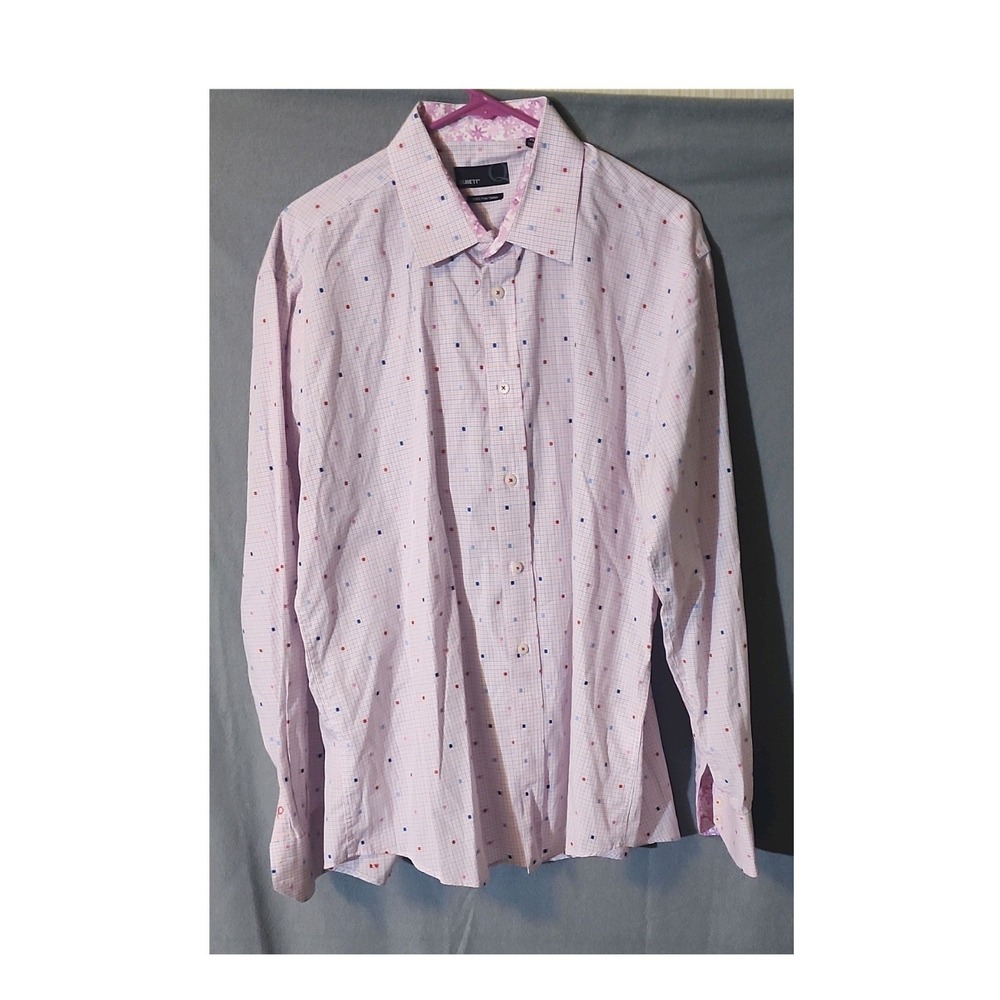 QUIETI Men's XL Pink Multicolor Check Polka Dot Cotton Dress Shirt Long Sleeve